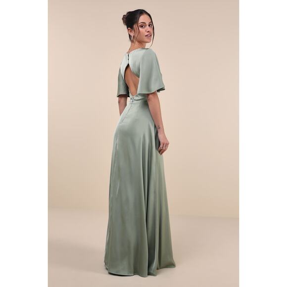NWT Lulus Elegant Confidence Sage Satin Flutter Sleeve Cutout Maxi Dress Size S - Picture 3 of 10